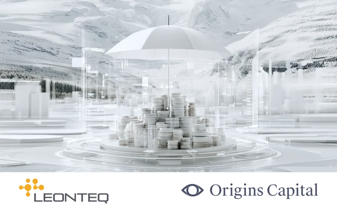 Stacks of coins sheltered under a white umbrella in a snowy Alpine landscape, with Leonteq and Origins Capital logos